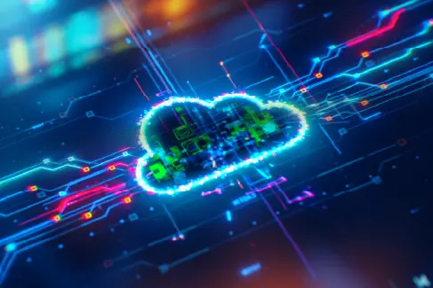 Icono de nube en borde neon sobre un fondo cyber con conexiones a los costados