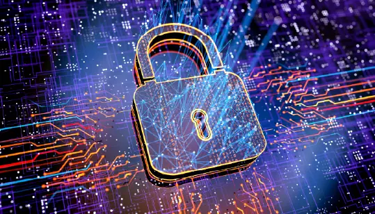 Imagen de ciberseguridad candado en 3d con bordes dorados sobre un fondo ciber en colores magenta y rojo