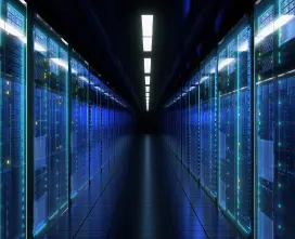 Imagen data center en color azul y celeste neon