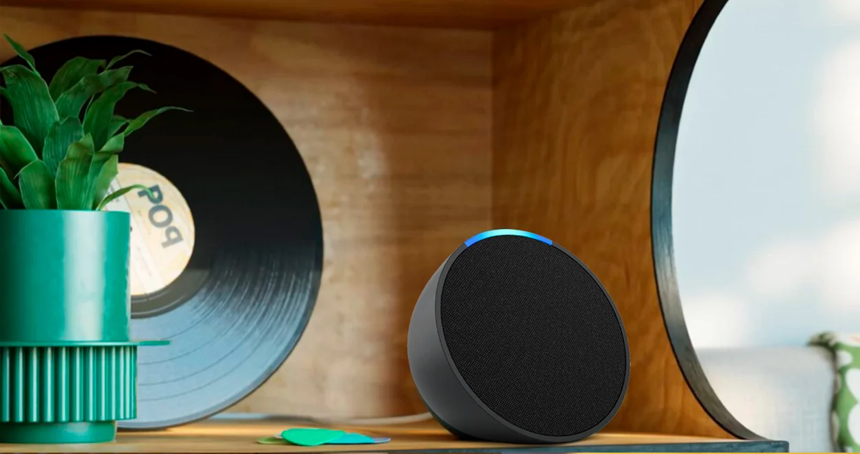 Alexa color negro sobre un meson blanco con espejo y macetero